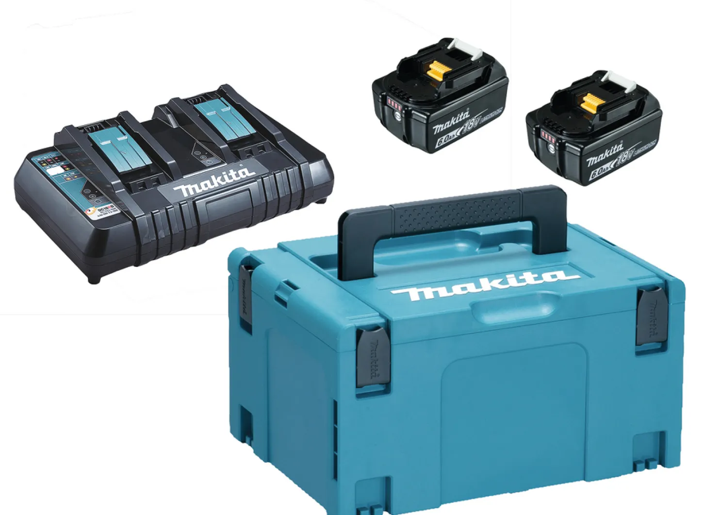 Akkupaketti Makita LXT 18V PowerPack 2x6,0 Ah ja DC18RD + Makpac