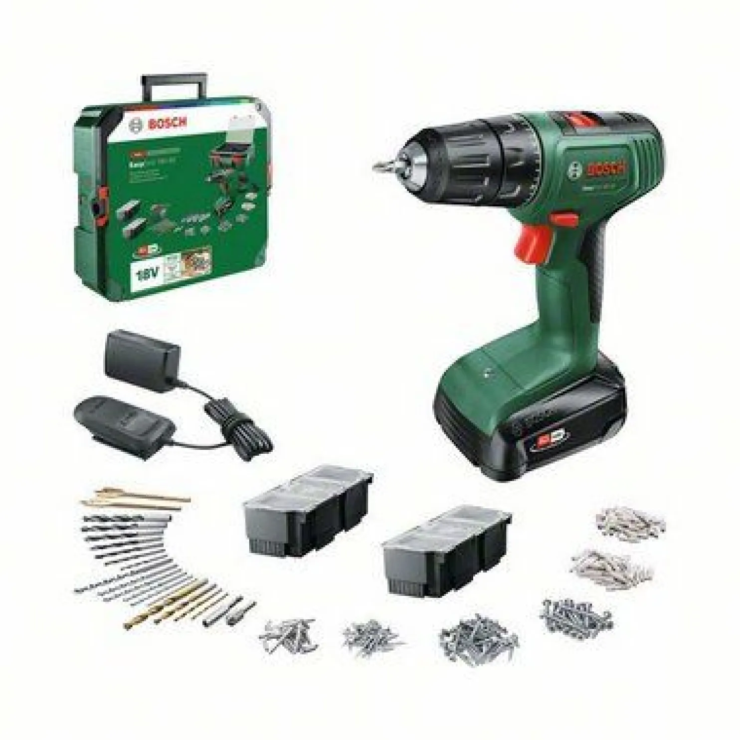Akkuporakone Bosch EasyDrill 18V 1,5 Ah akulla + 241-os. tarvikesarja + SystemBox