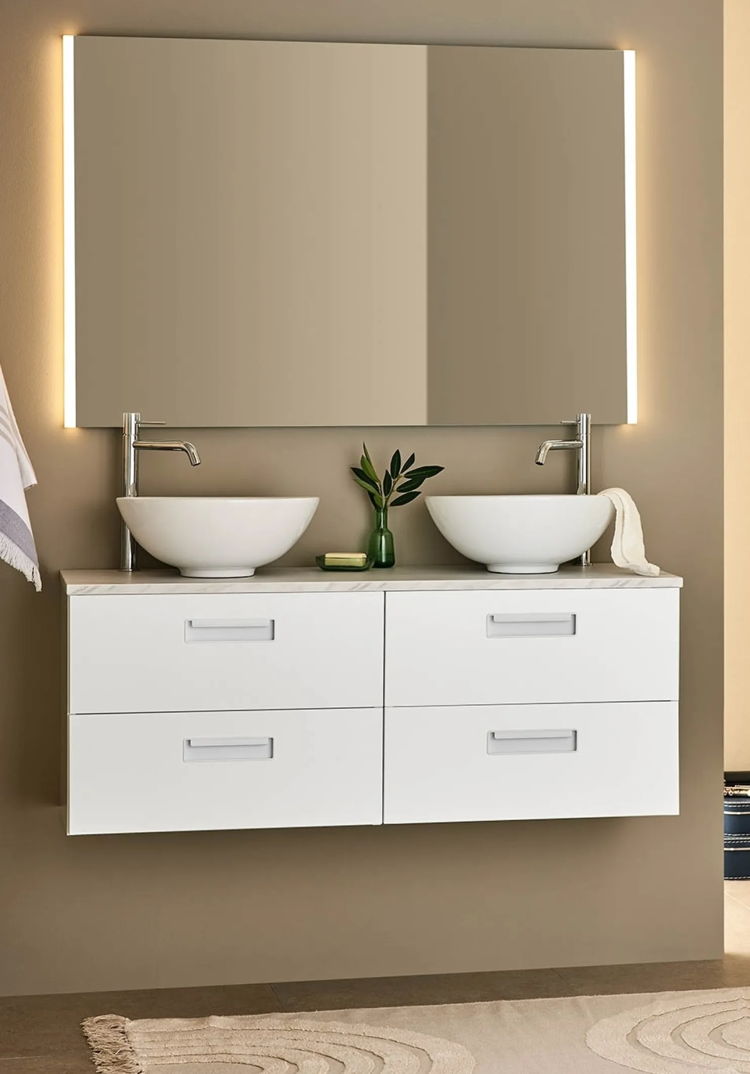 Kaksoisallaskaappi Noro Relounge, 1200x420mm, vaalea marmoritaso, valkoinen