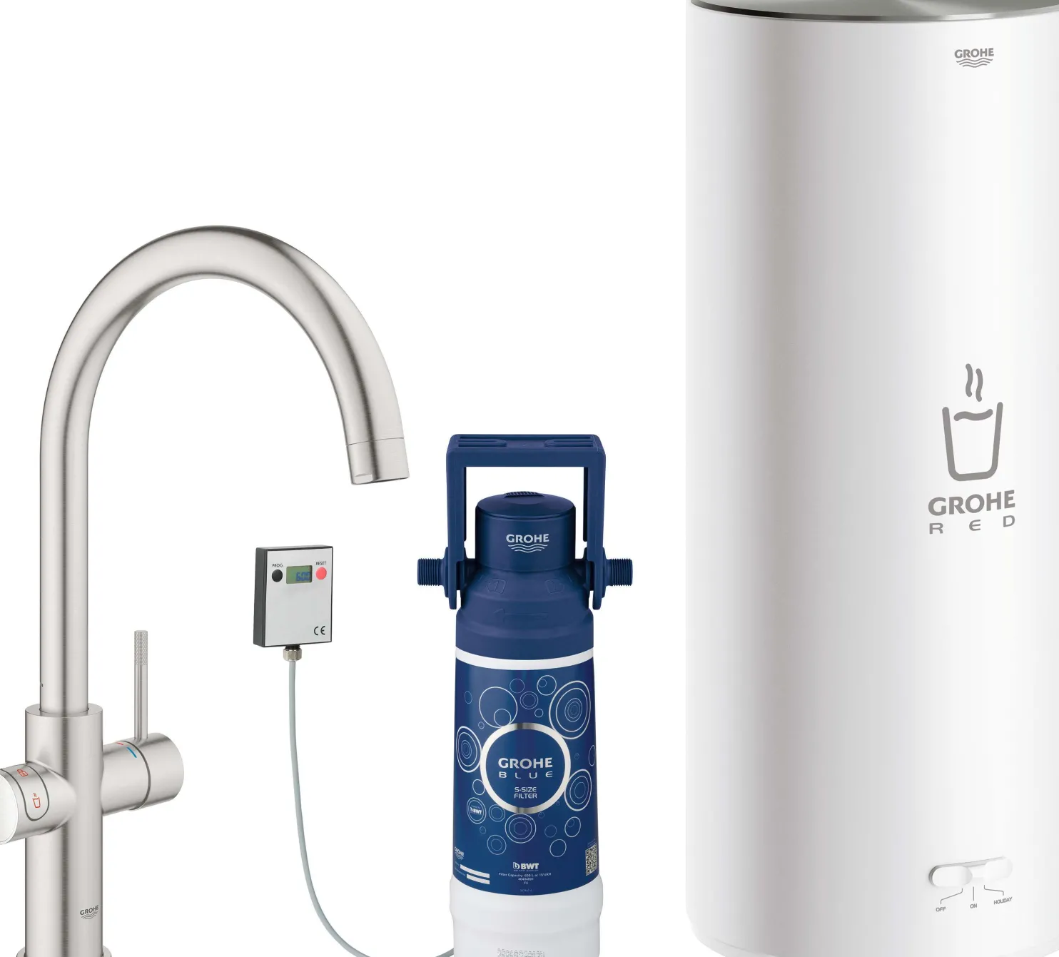 Keittiöhana Grohe Red Duo teräs L-koon kuumavesivaraajalla