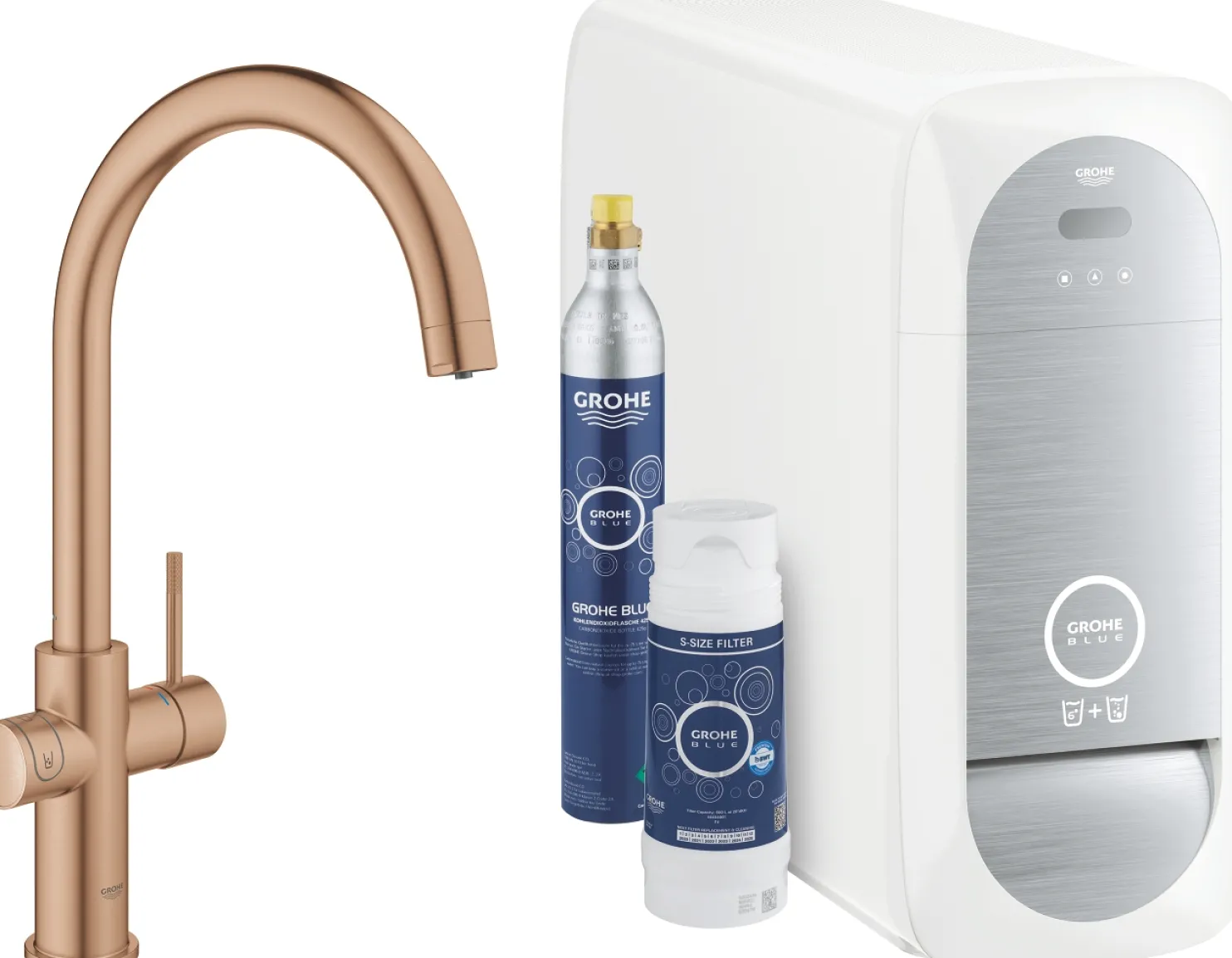 Keittiöhanapaketti Grohe Blue Home C hiilihapotuslaitteella brushed warm sunset