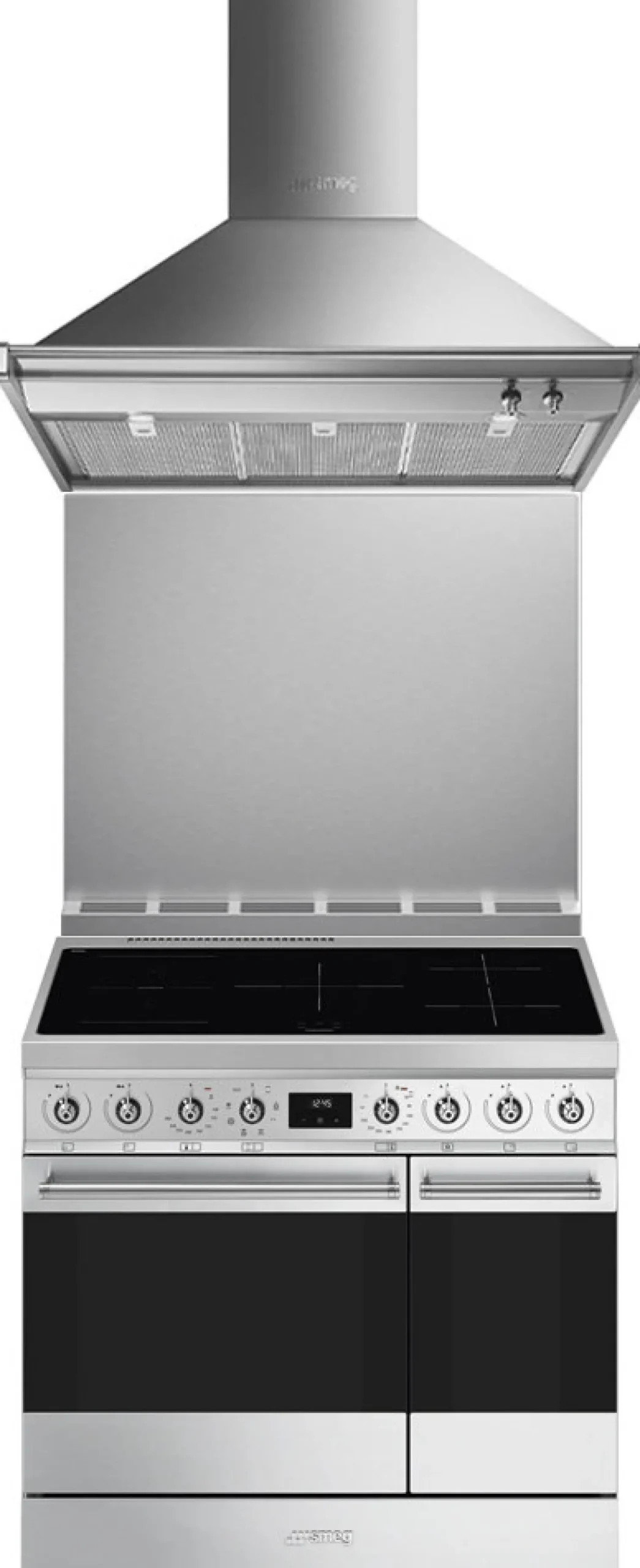 Keittiöpaketti Smeg - CG92IXT induktioliesi, kaksoisuuni, roiskesuoja ja liesituuletin, 90 cm, rst