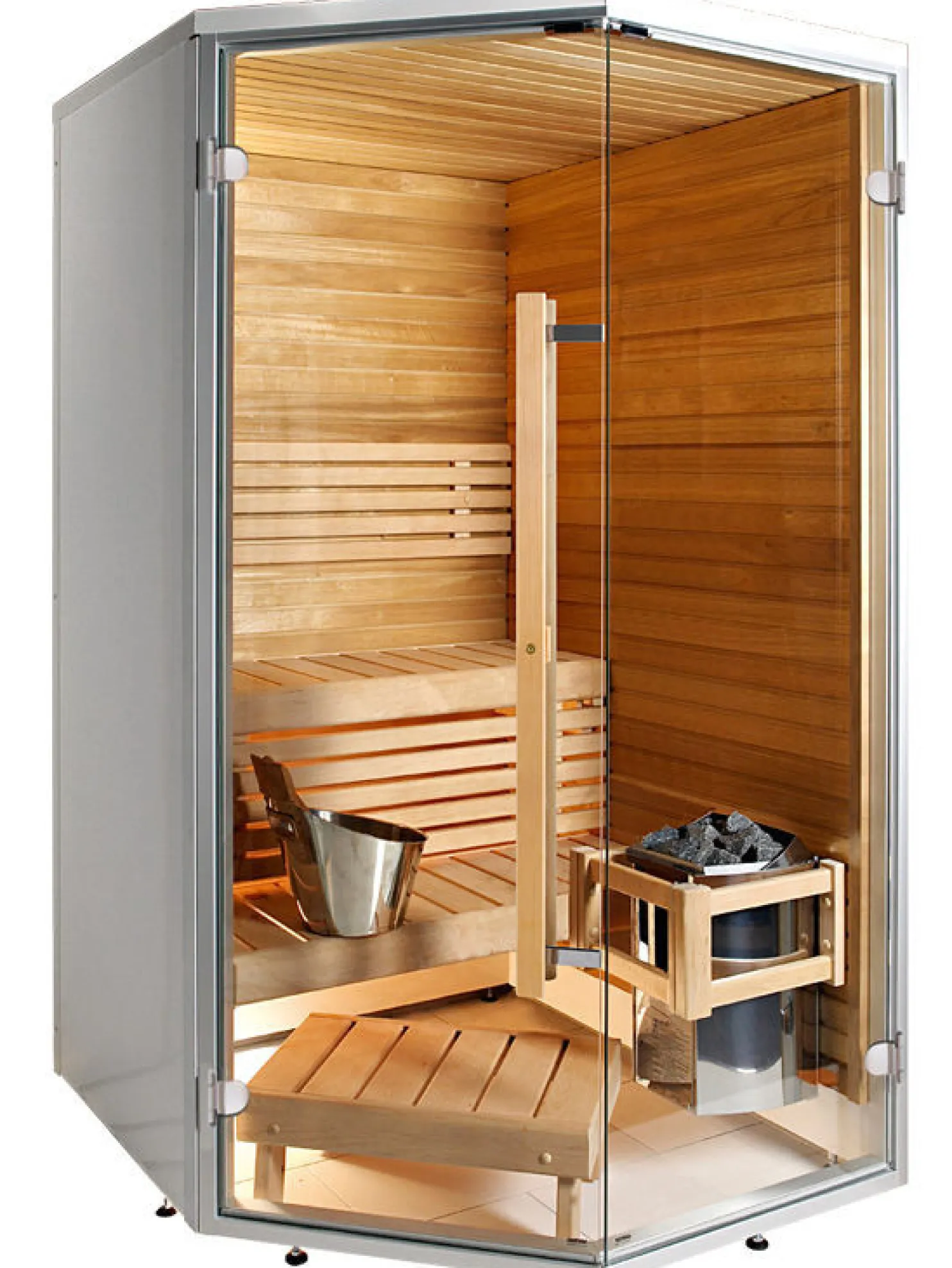 Kylpyhuonesauna Harvia Sirius Formula 1440x1240mm eri materiaaleja kulmamalli