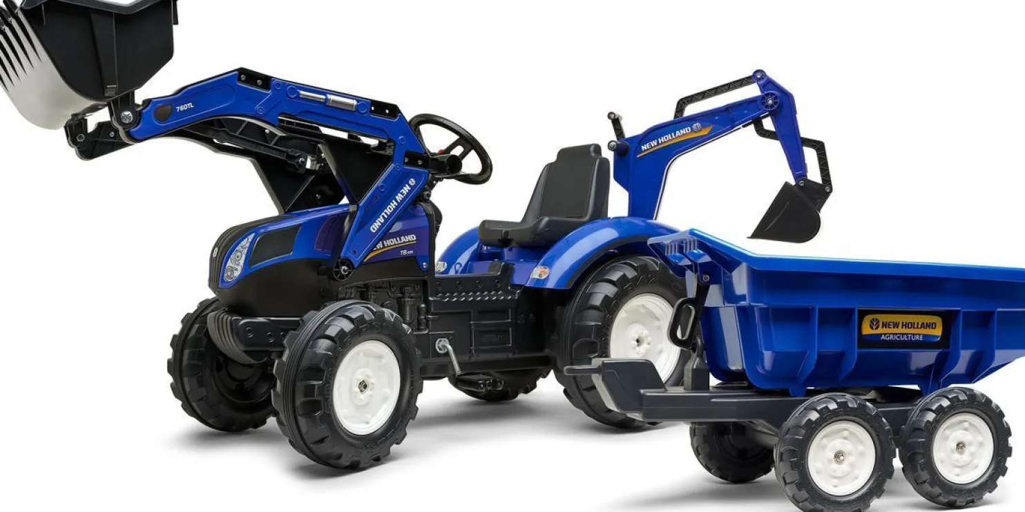 Leikkikaivuri Falk New Holland, sis. peräkärryn kipillä, sininen