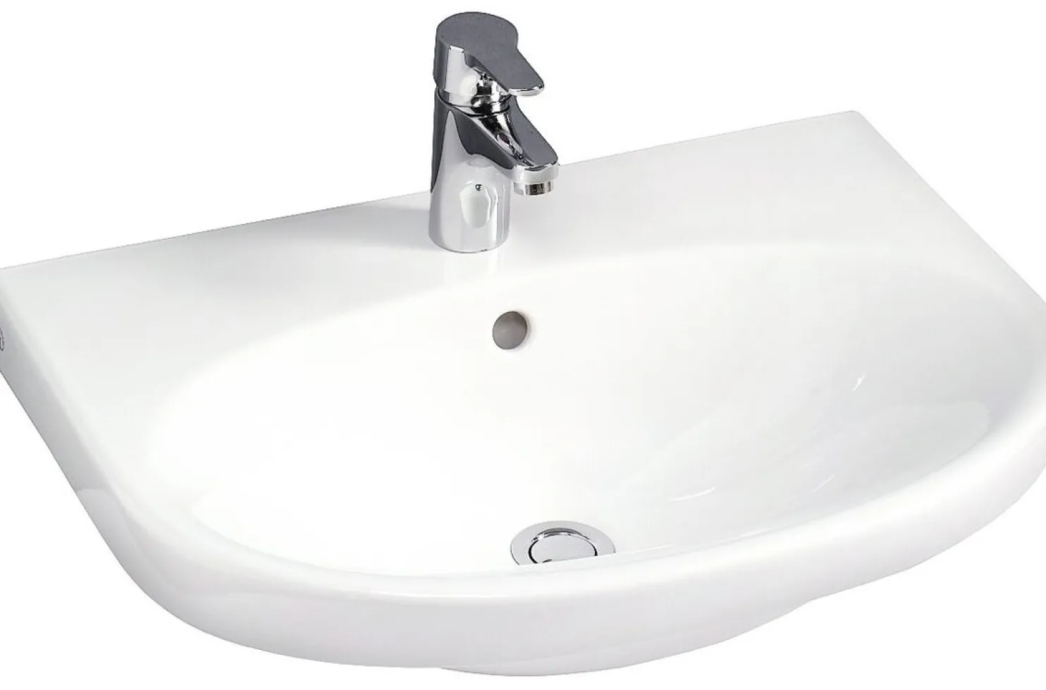 Pesuallas Gustavsberg Nautic, 56 cm, pultti/kannatinkiinnitys, hananreikä keskellä, ylivuotoaukolla, CeramicPlus