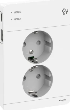 Pistorasia Schneider Electric Exxact 2-osainen peitelevyllä + 2x USB lataus A+C 3A valkoinen