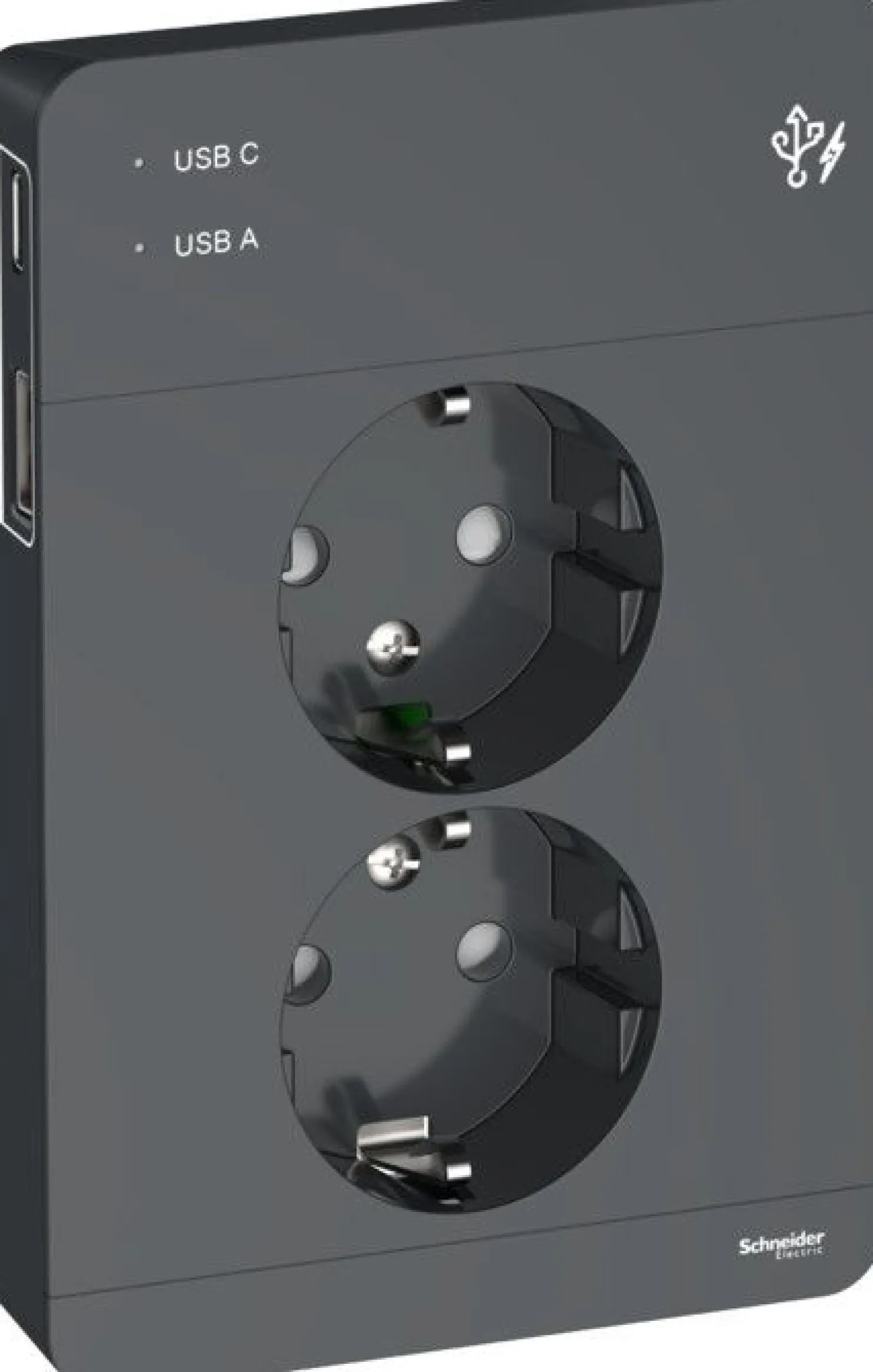 Pistorasia Schneider Electric Exxact 2-osainen peitelevyllä + 2x USB lataus A+C 3A antrasiitti