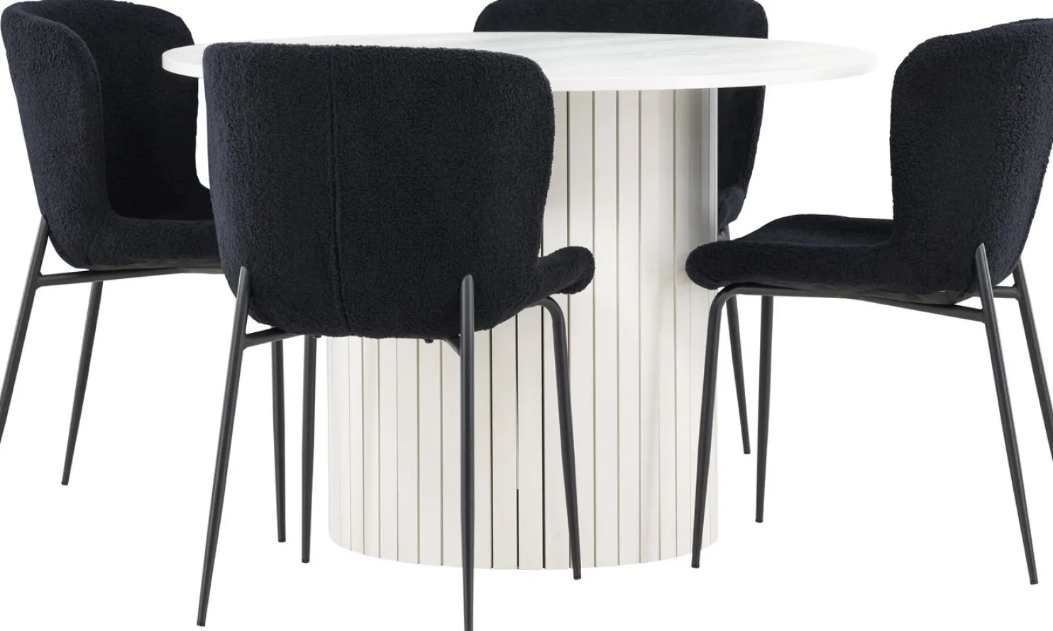 Pyöreä ruokailuryhmä Venture Home, Ø110cm valkoinen Härön-pöytä + 4 mustaa Modesto-tuolia, teddy