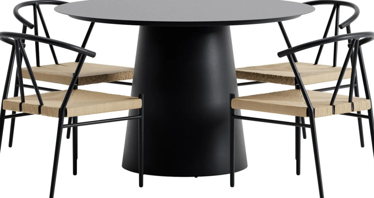 Ruokailuryhmä ulos Venture Home, musta Lanzo-pöytä Ø120cm + 4 mustaa Alfons-tuolia
