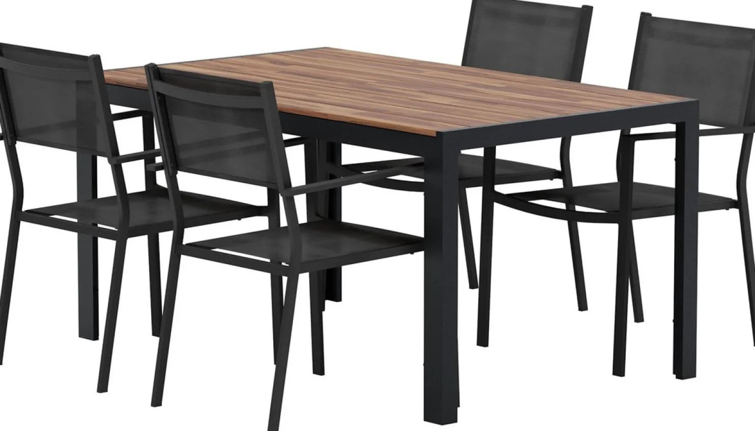 Ruokailuryhmä ulos Venture Home, musta Break-pöytä 150x90cm + 4 mustaa Copacabana-tuolia