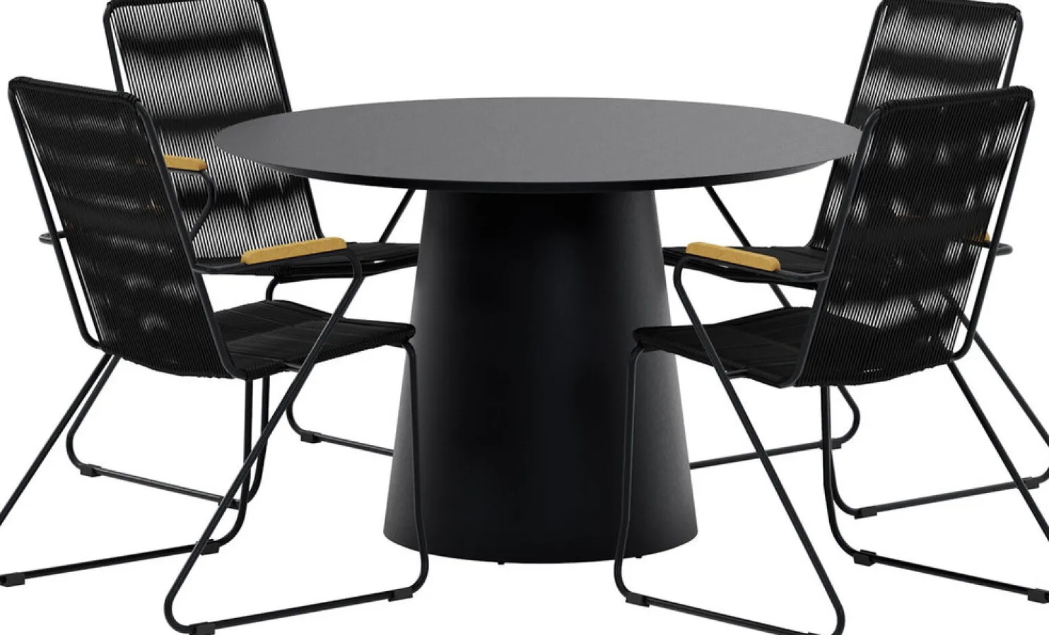 Ruokailuryhmä ulos Venture Home, musta Lanzo-pöytä Ø120cm + 4 mustaa Bois-tuolia