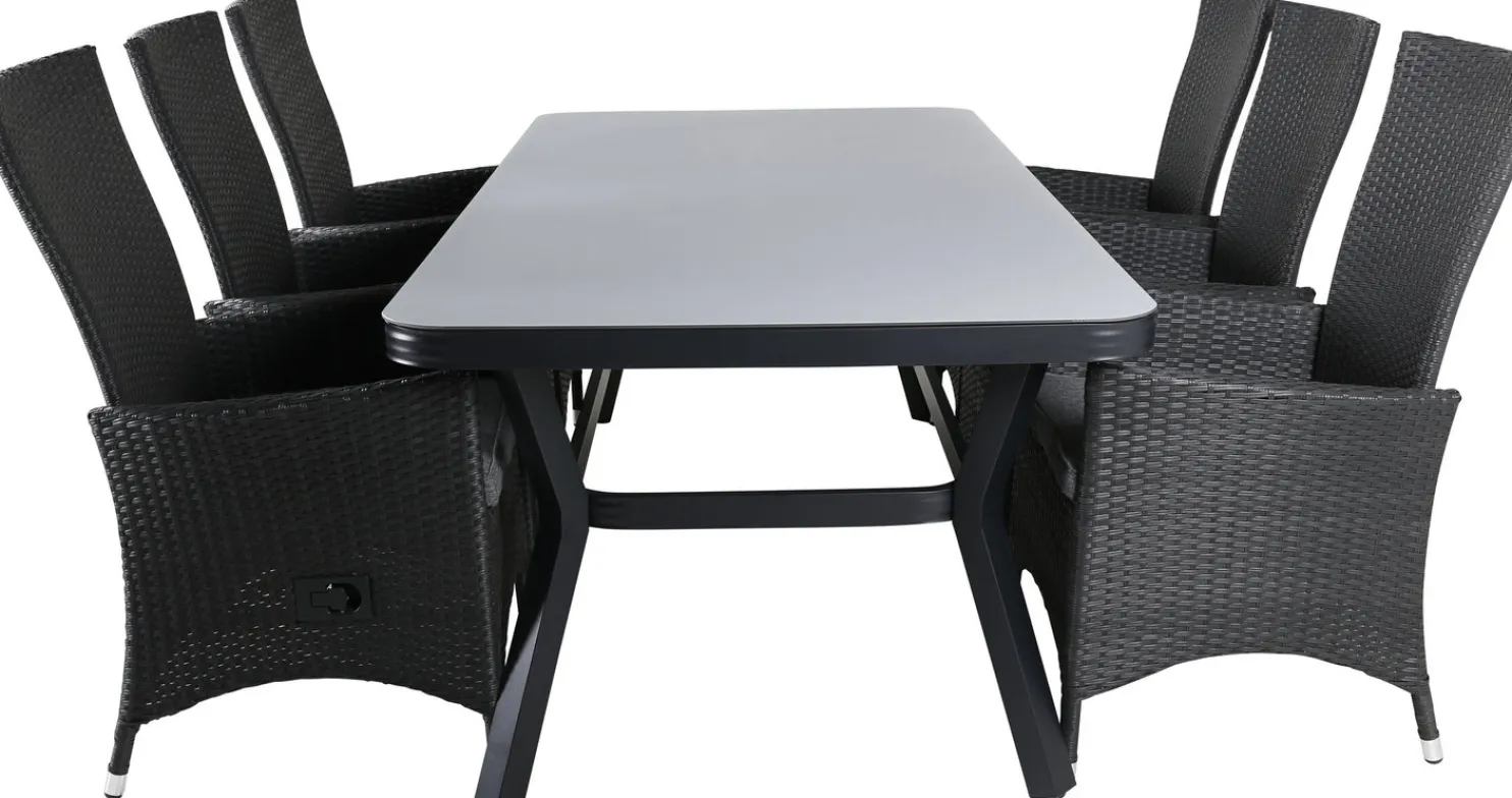 Ruokailuryhmä ulos Venture Home, musta/harmaa Virya-pöytä 200x100cm + 6 mustaharmaata Padova-tuolia