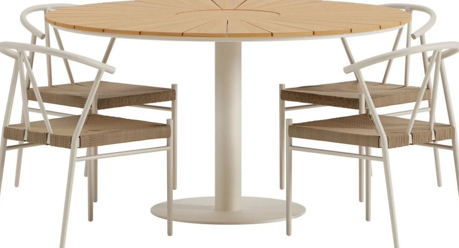 Ruokailuryhmä ulos Venture Home, beige Croft-pöytä Ø120cm + 4 beigeä Alfons-tuolia