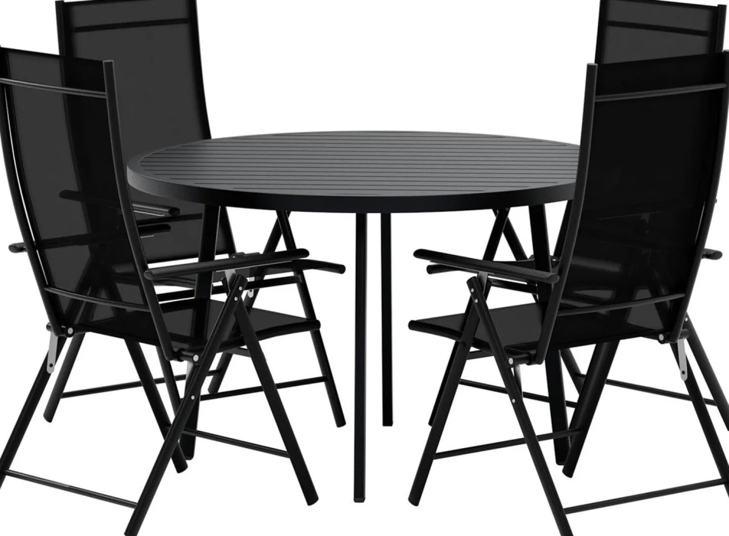Ruokailuryhmä ulos Venture Home, musta Giardini-pöytä Ø120cm + 4 mustaa Levanzo-tuolia