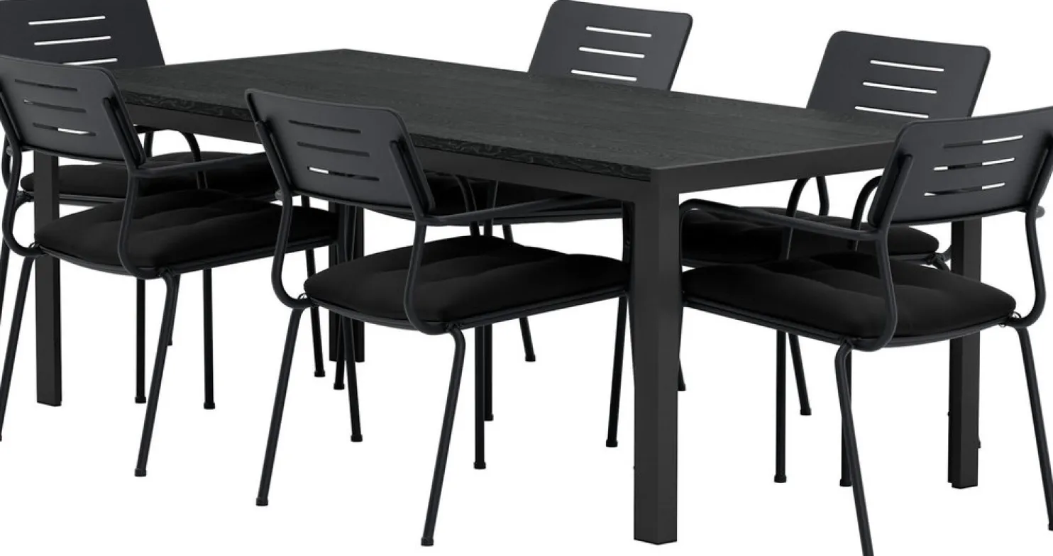 Ruokailuryhmä ulos Venture Home, musta Mirko-pöytä 205x90cm + 6 mustaa Nicke-tuolia