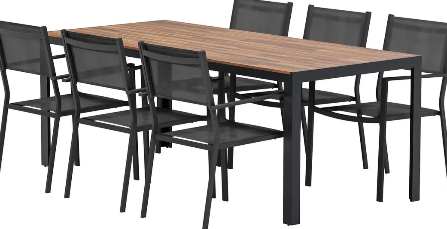 Ruokailuryhmä ulos Venture Home, luonnollisenvärinen Bois-pöytä 205x90cm + 6 mustaa Copacabana-tuolia
