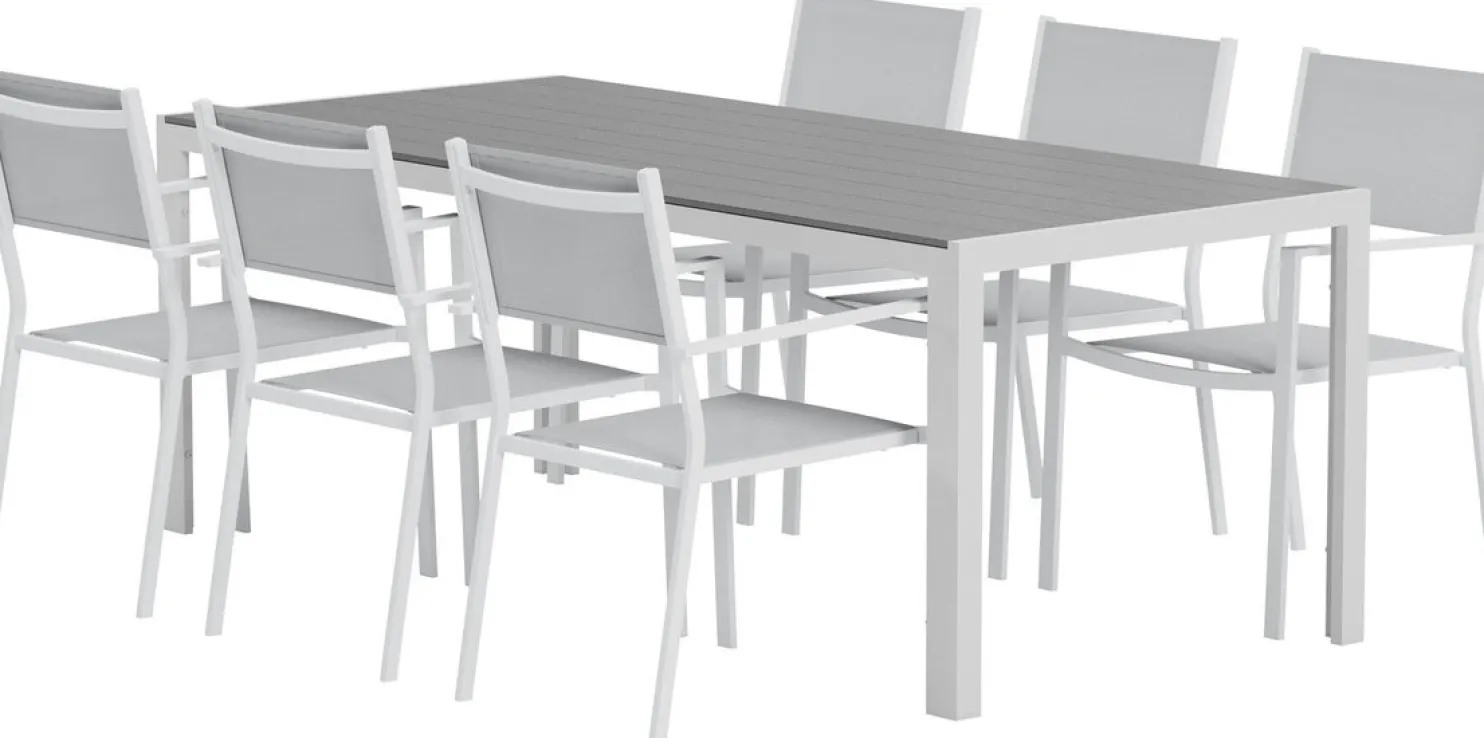 Ruokailuryhmä ulos Venture Home, harmaa Break-pöytä 205x90cm + 6 harmaata Copacabana-tuolia