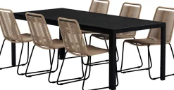 Ruokailuryhmä ulos Venture Home, musta Mirko-pöytä 205x90cm + 6 ruskeaa Lindos-tuolia