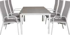 Ruokailuryhmä Venture Home, 160/240x100cm jatkettava harmaa/valkoinen Levels-pöytä + 6 harmaa/valkoista Copacabana-säätötuolia