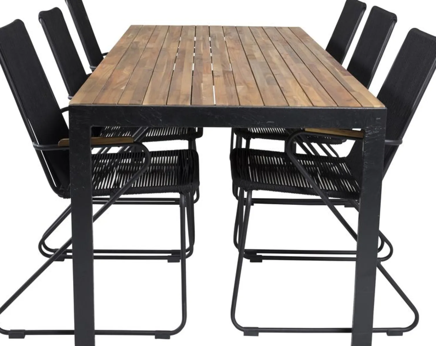 Ruokailuryhmä Venture Home, 205x90cm akaasia/musta Bois-pöytä + 6 Bois-tuolia