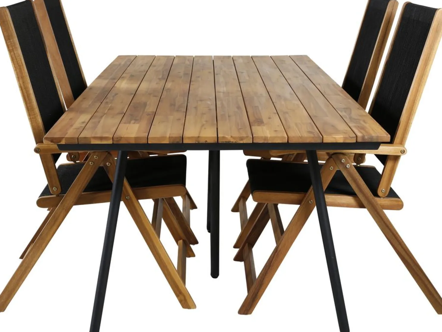 Ruokailuryhmä Venture Home, 200x100cm akaasia/musta Chan-pöytä + 4 musta/ruskeaa, kokoontaitettavaa Little John -säätötuolia