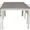 Ruokailuryhmä Venture Home, 160/240x100cm jatkettava harmaa/valkoinen Levels-pöytä + 6 valkoista, pinottavaa Santorini-tuolia