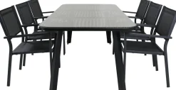 Ruokailuryhmä Venture Home, 200x100cm ruskea/musta Paola-pöytä + 6 mustaa, pinottavaa Copacabana-tuolia