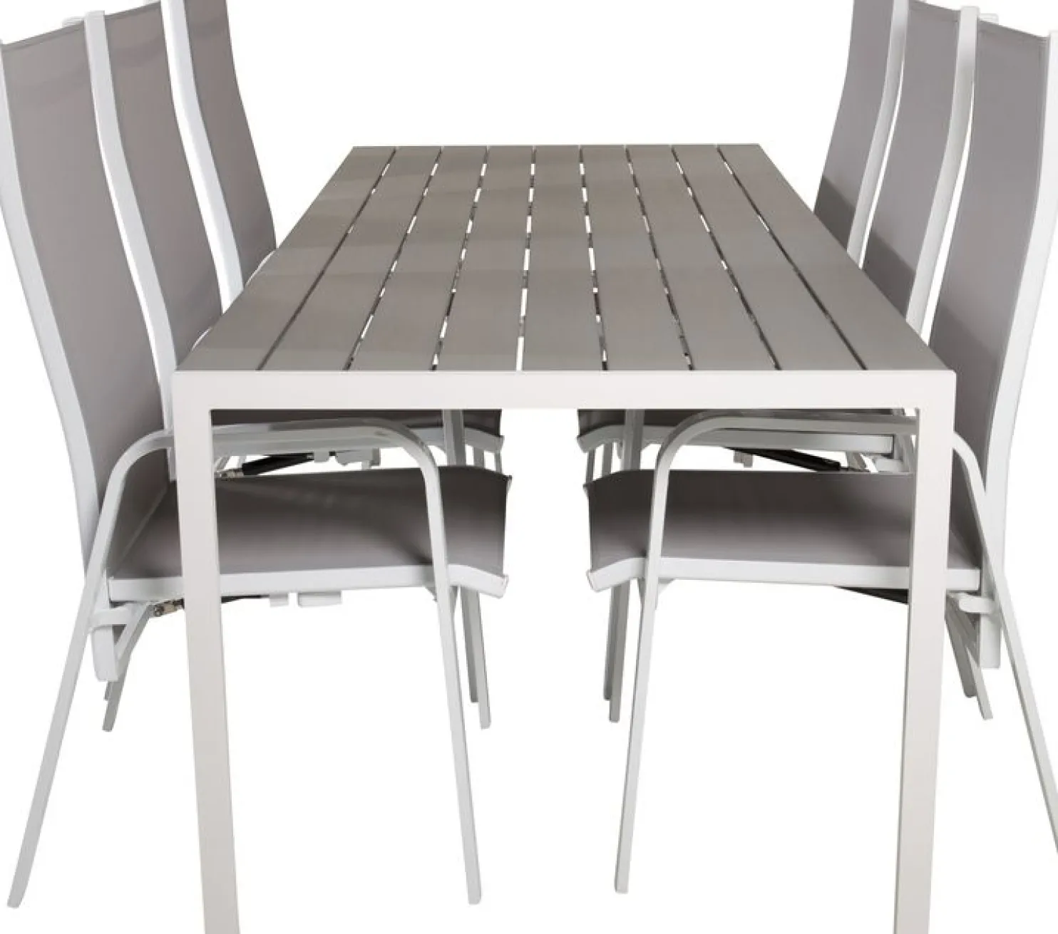 Ruokailuryhmä Venture Home, 205x90cm harmaa/valkoinen Break-pöytä + 6 harmaa/valkoista, pinottavaa Copacabana-säätötuolia