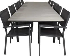 Ruokailuryhmä Venture Home, 229/310x100cm jatkettava harmaa/musta Levels-pöytä + 10 pinottavaa Copacabana-tuolia