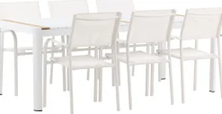 Ruokailuryhmä Venture Home, 200x100cm valkoinen/tiikki Togo-pöytä + 6 valkoista, pinottavaa Santorini-tuolia
