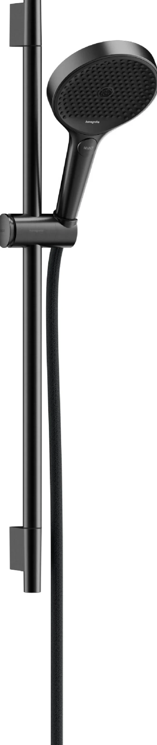 Suihkusetti Hansgrohe Rainfinity 130 3jet, suihkutanko S Puro 65 cm, liu'ulla ja Designflex-tekstiilisuihkuletkulla 160 cm, harjattu musta kromi