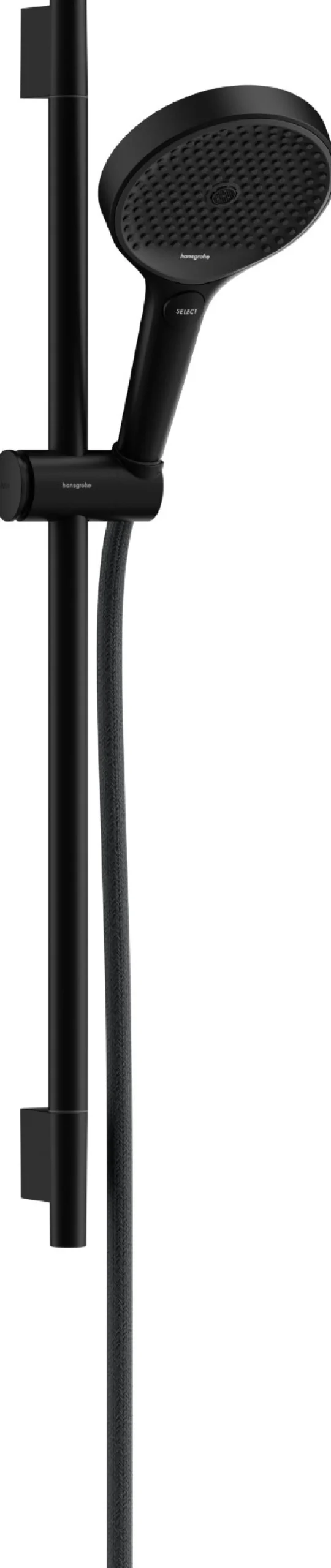 Suihkusetti Hansgrohe Rainfinity 130 3jet, suihkutanko S Puro 65 cm, liu'ulla ja Designflex-tekstiilisuihkuletkulla 160 cm, mattamusta