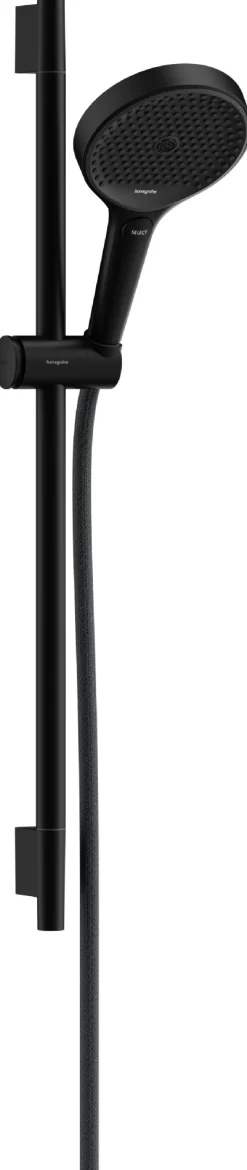 Suihkusetti Hansgrohe Rainfinity 130 3jet EcoSmart, suihkutanko S Puro 65 cm, liu'ulla ja Designflex-tekstiilisuihkuletkulla 160 cm, mattamusta