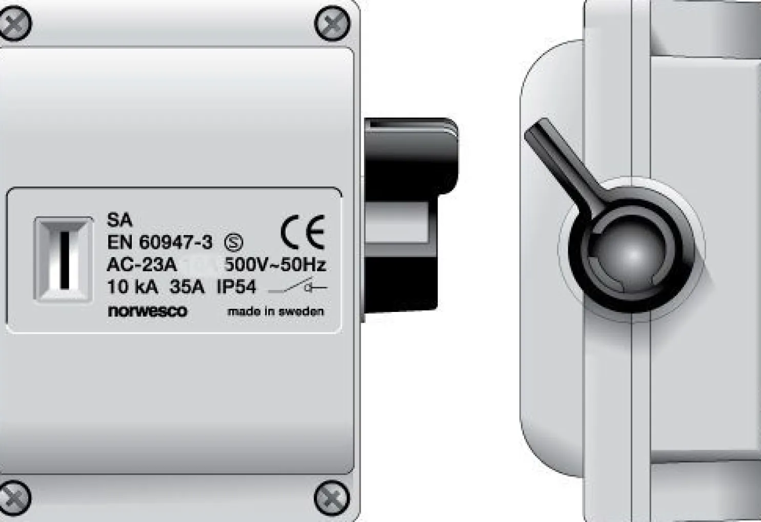 Turvakytkin Norwesco SA316, sivusta väännettävä, 3x16A, 500V, 7.5kW, IP54, harmaa, 10kpl/pkt