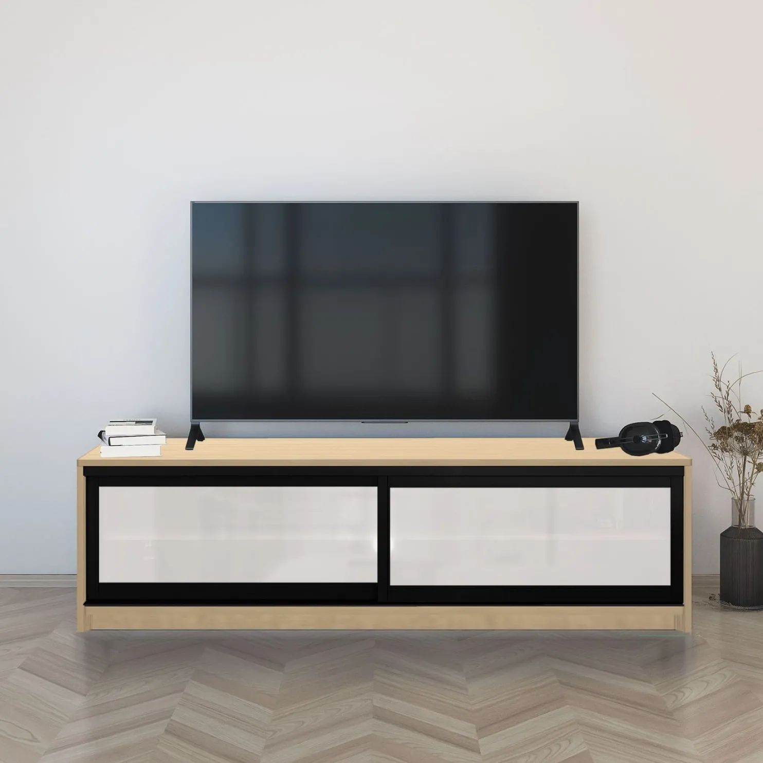 TV-taso liukuovilla Inaria Koti, mittatilaus, valkoinen lasi