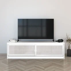 TV-taso liukuovilla Inaria Koti, mittatilaus, valkoinen lasi