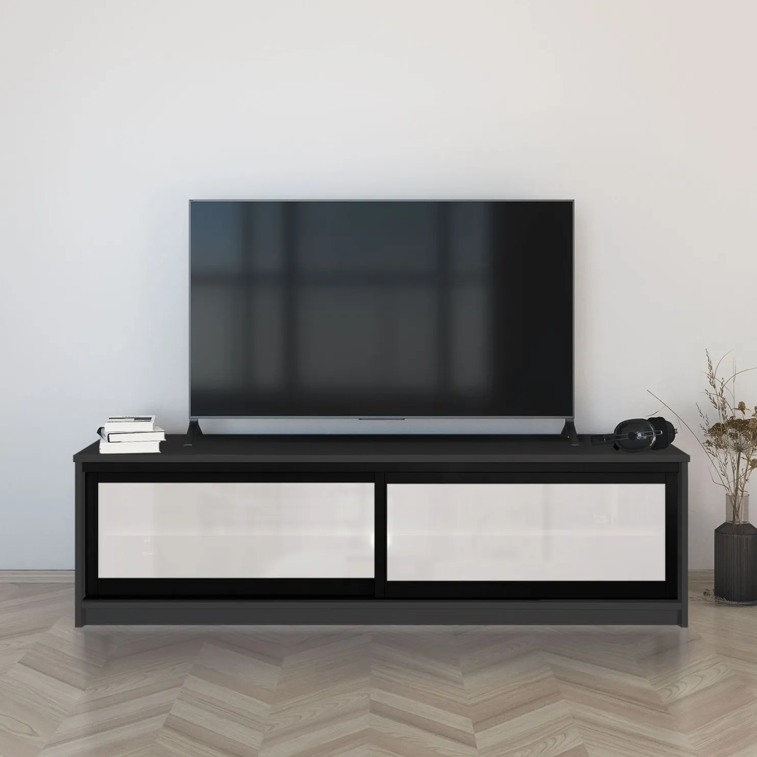 TV-taso liukuovilla Inaria Koti, mittatilaus, valkoinen lasi
