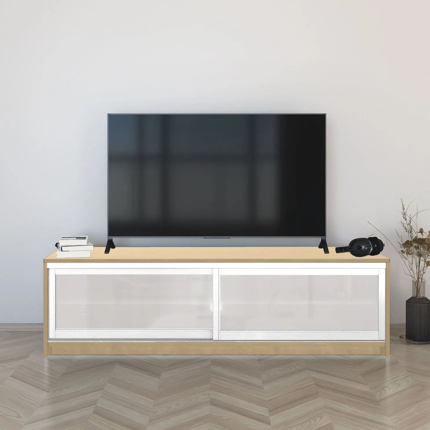 TV-taso liukuovilla Inaria Koti, mittatilaus, valkoinen lasi