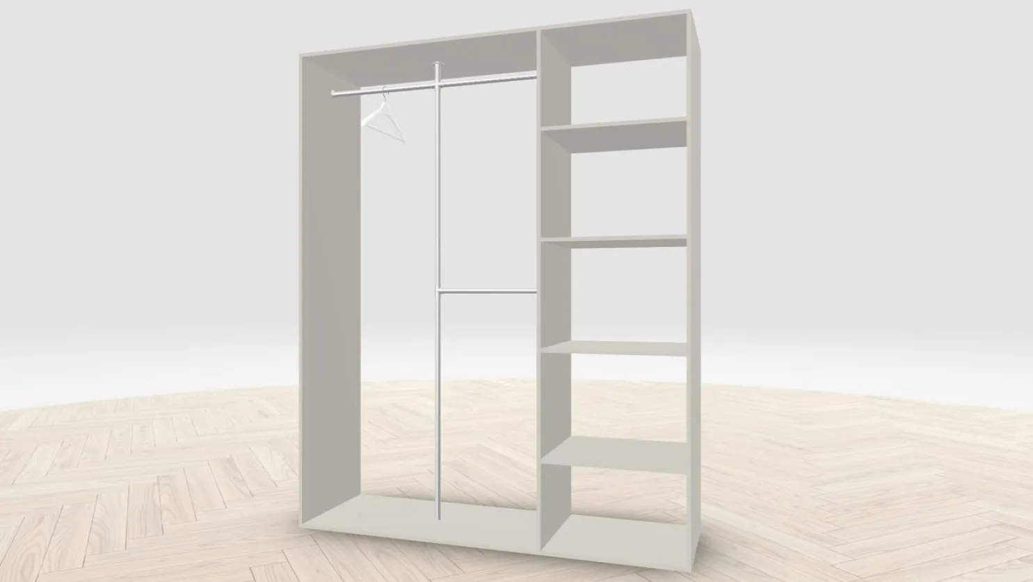 Vaatehuoneen kaapisto Mirror Line, kapea I-malli hyllyillä ja kaksiosaisella tangolla, 1700x2100x510mm, eri värejä