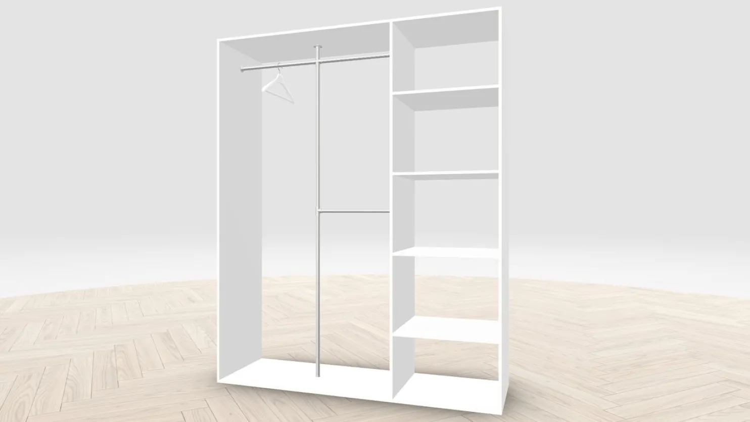 Vaatehuoneen kaapisto Mirror Line, kapea I-malli hyllyillä ja kaksiosaisella tangolla, 1700x2100x510mm, eri värejä